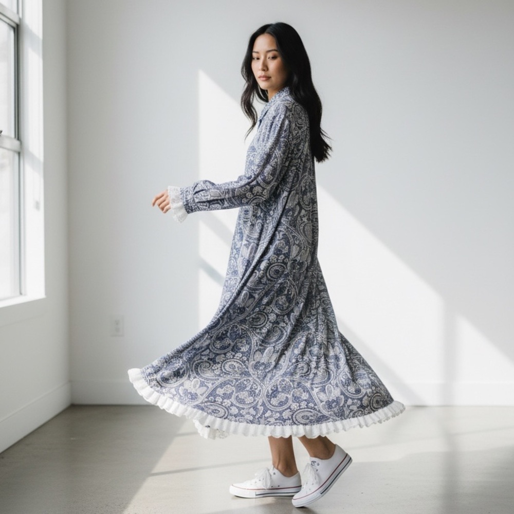 Peter Hahn Vintage Blue Silk Paisley Peasant Modest Boho upcycled Maxi Dress L